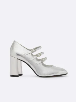 Carel Maria Janes>Zilveren Mary Janes-Pumps Van Leer Met Relief