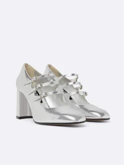 Carel Maria Janes>Zilveren Mary Janes-Pumps Van Leer Met Relief