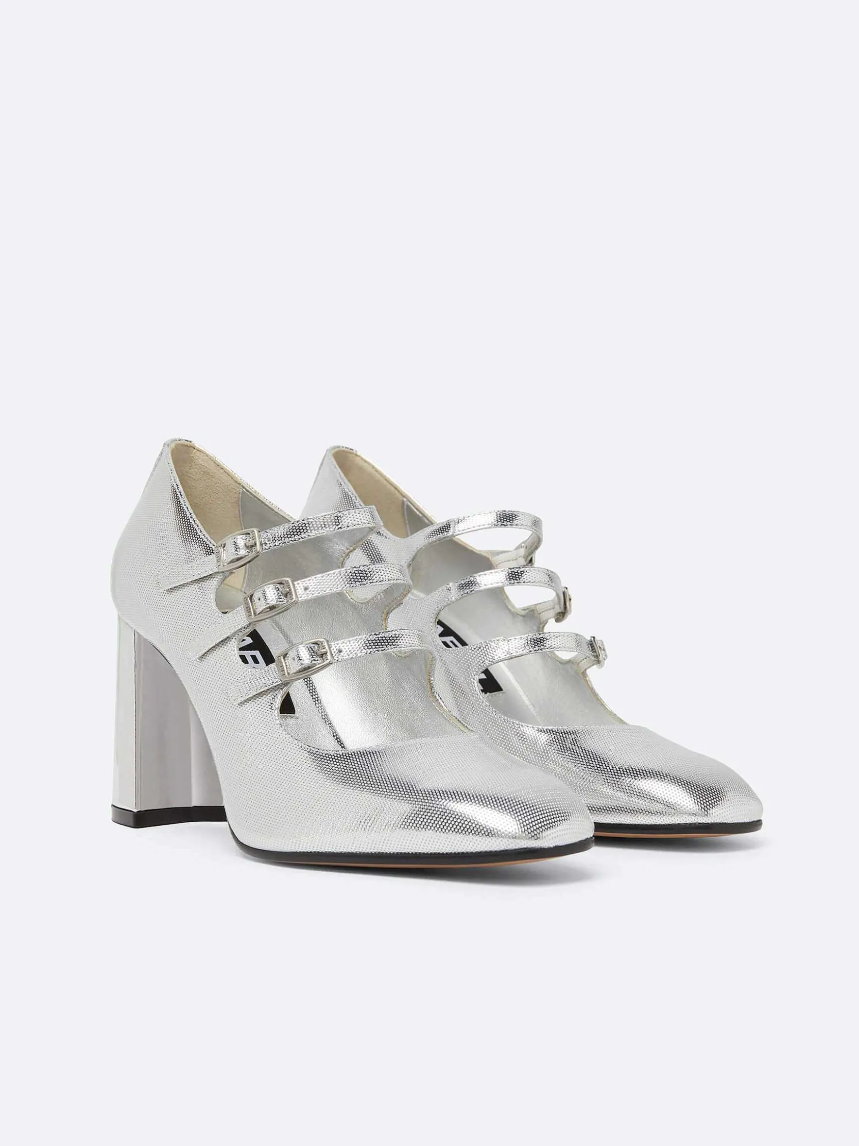 Carel Maria Janes>Zilveren Mary Janes-Pumps Van Leer Met Relief