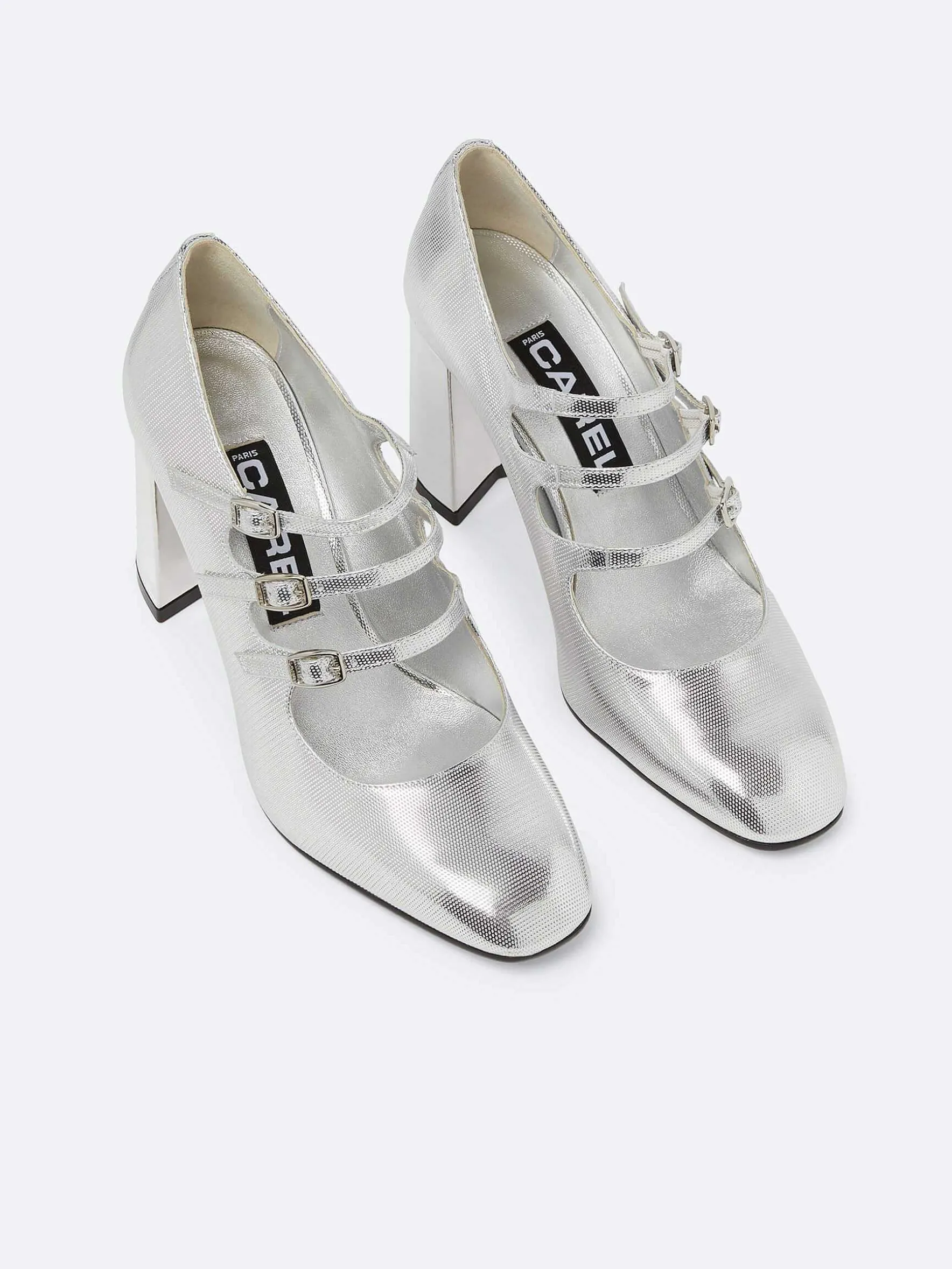 Carel Maria Janes>Zilveren Mary Janes-Pumps Van Leer Met Relief