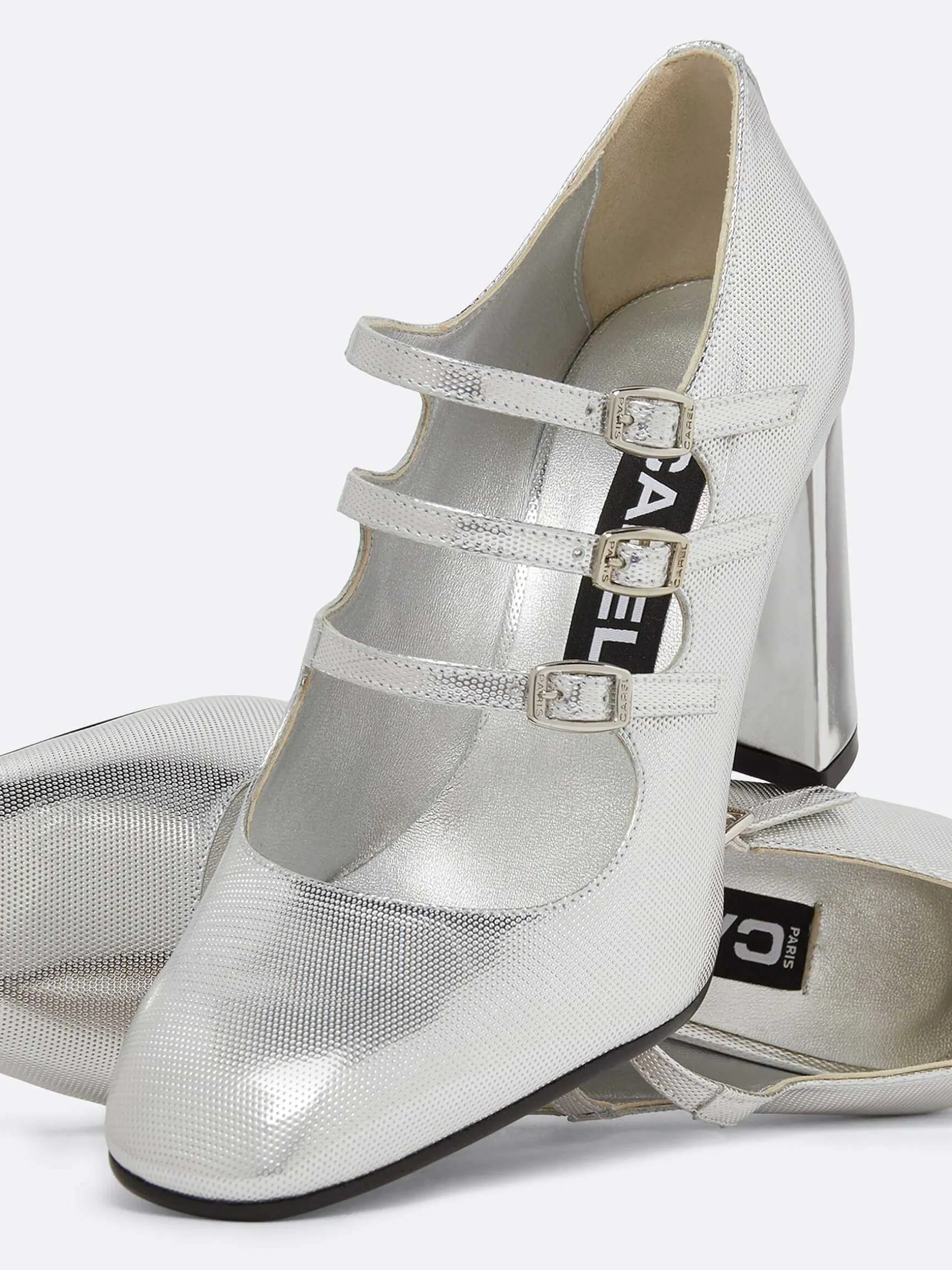 Carel Maria Janes>Zilveren Mary Janes-Pumps Van Leer Met Relief
