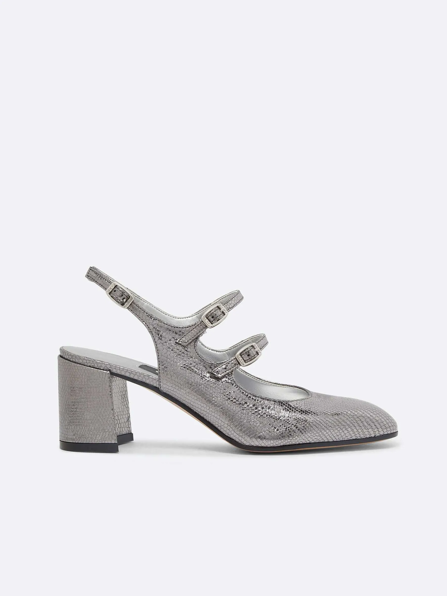 Carel Slingbacks>Zilveren Slangenprint Upcycled Lederen Slingback Mary Janes