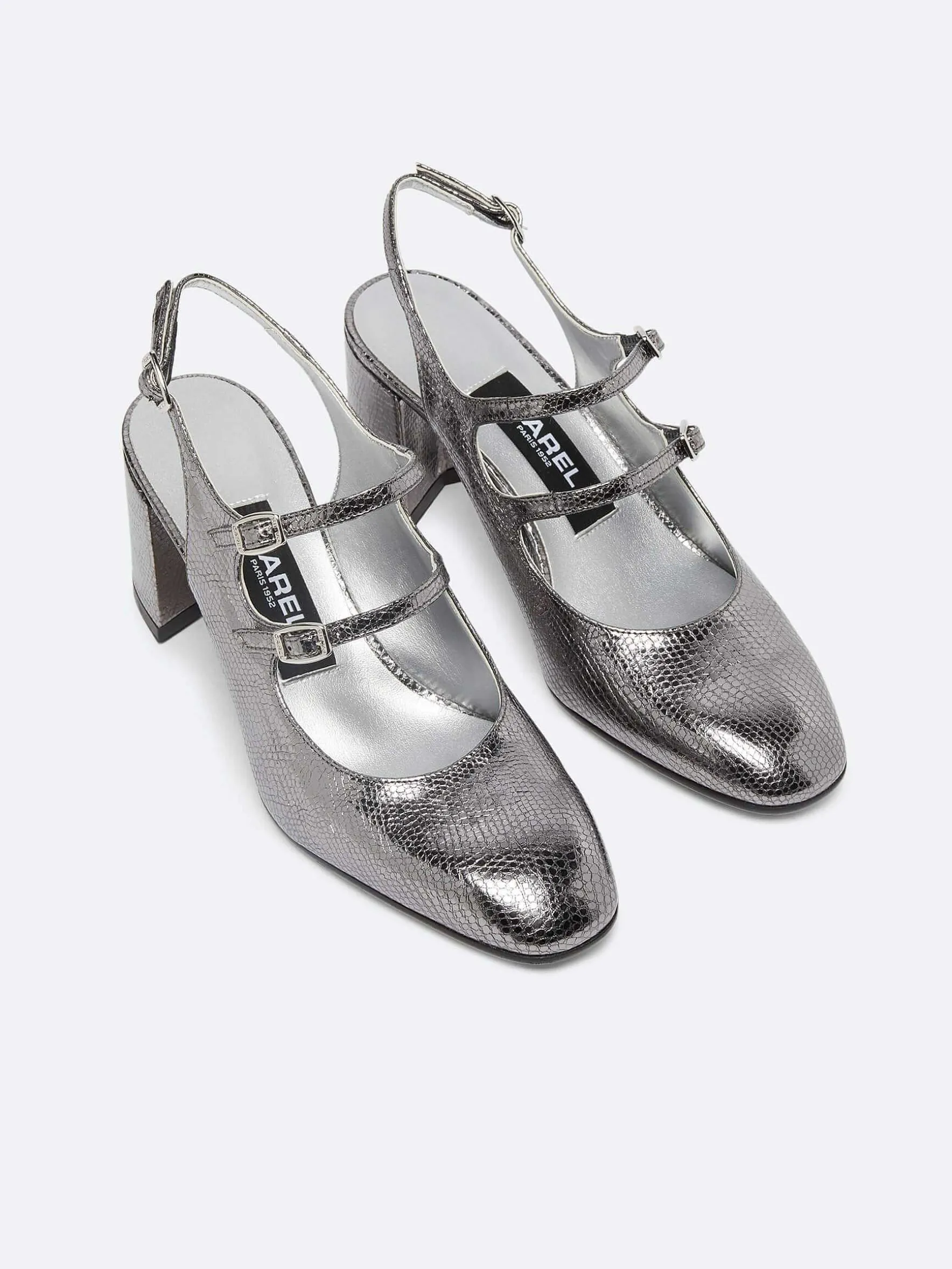 Carel Slingbacks>Zilveren Slangenprint Upcycled Lederen Slingback Mary Janes