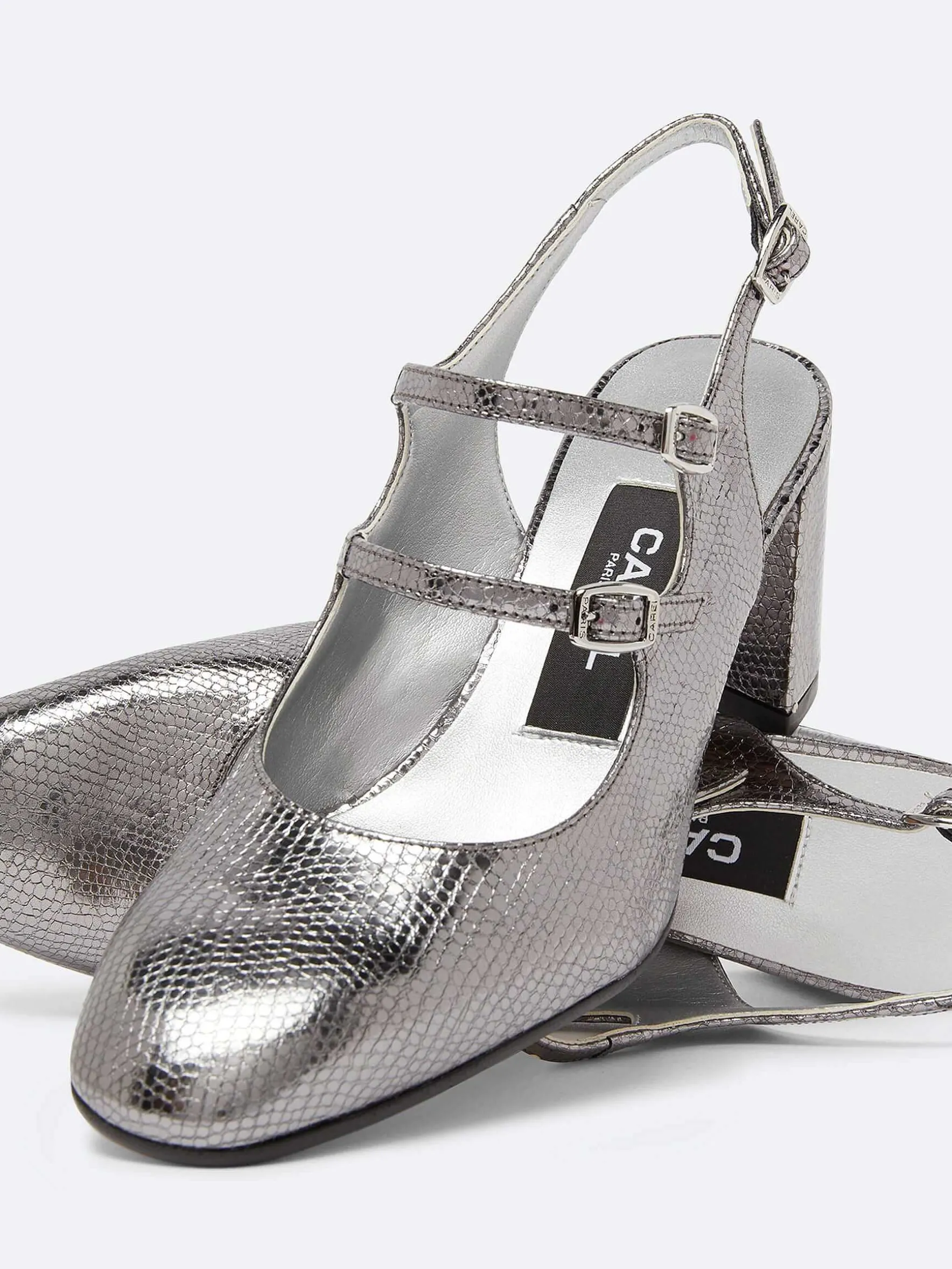 Carel Slingbacks>Zilveren Slangenprint Upcycled Lederen Slingback Mary Janes