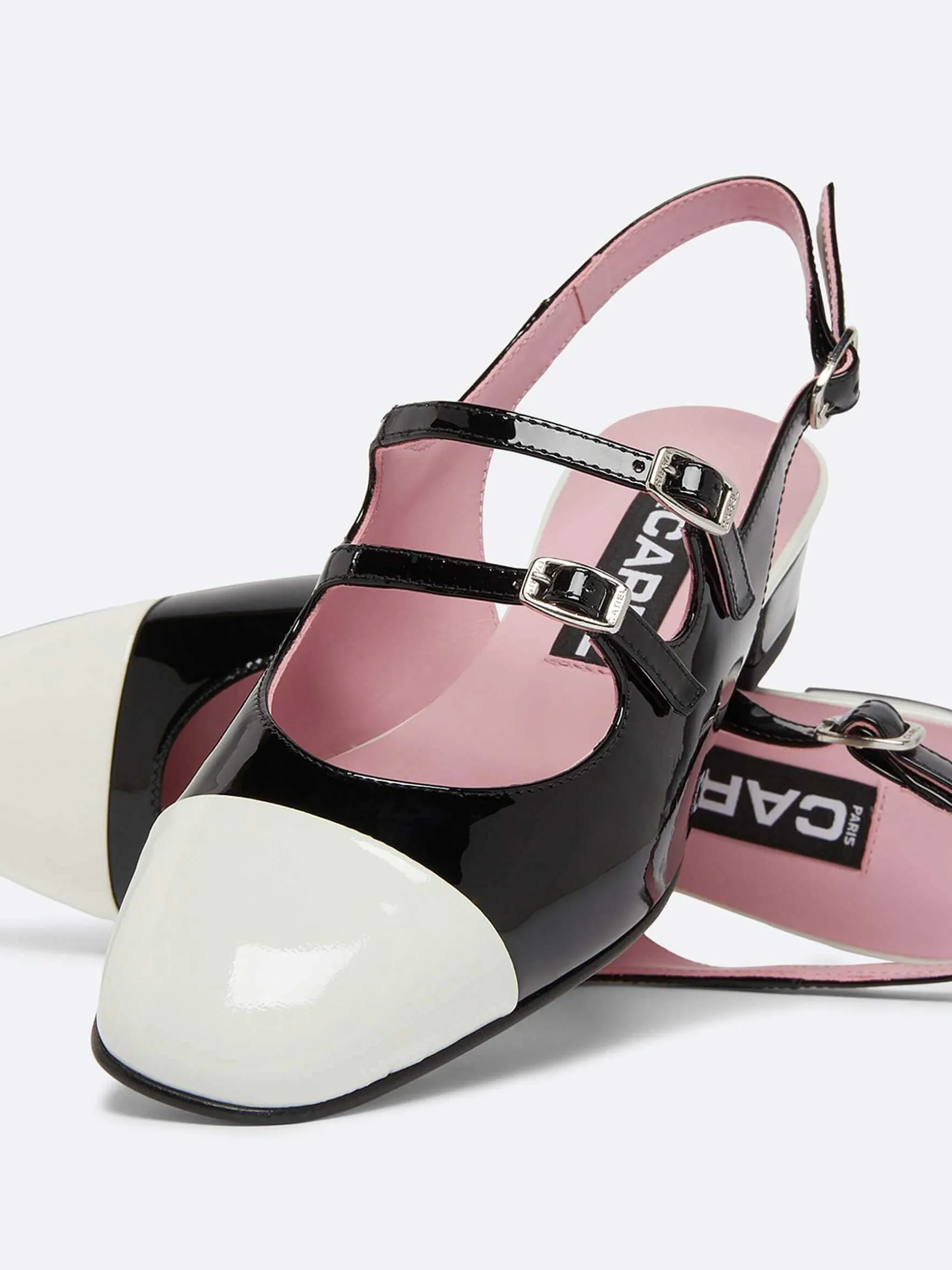 Carel Slingbacks>Zwart En Ivoor Lakleer Slingback Mary Janes