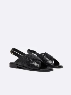 Carel Sandalen En Muilezels>Zwart Geweven Leren Sandalen