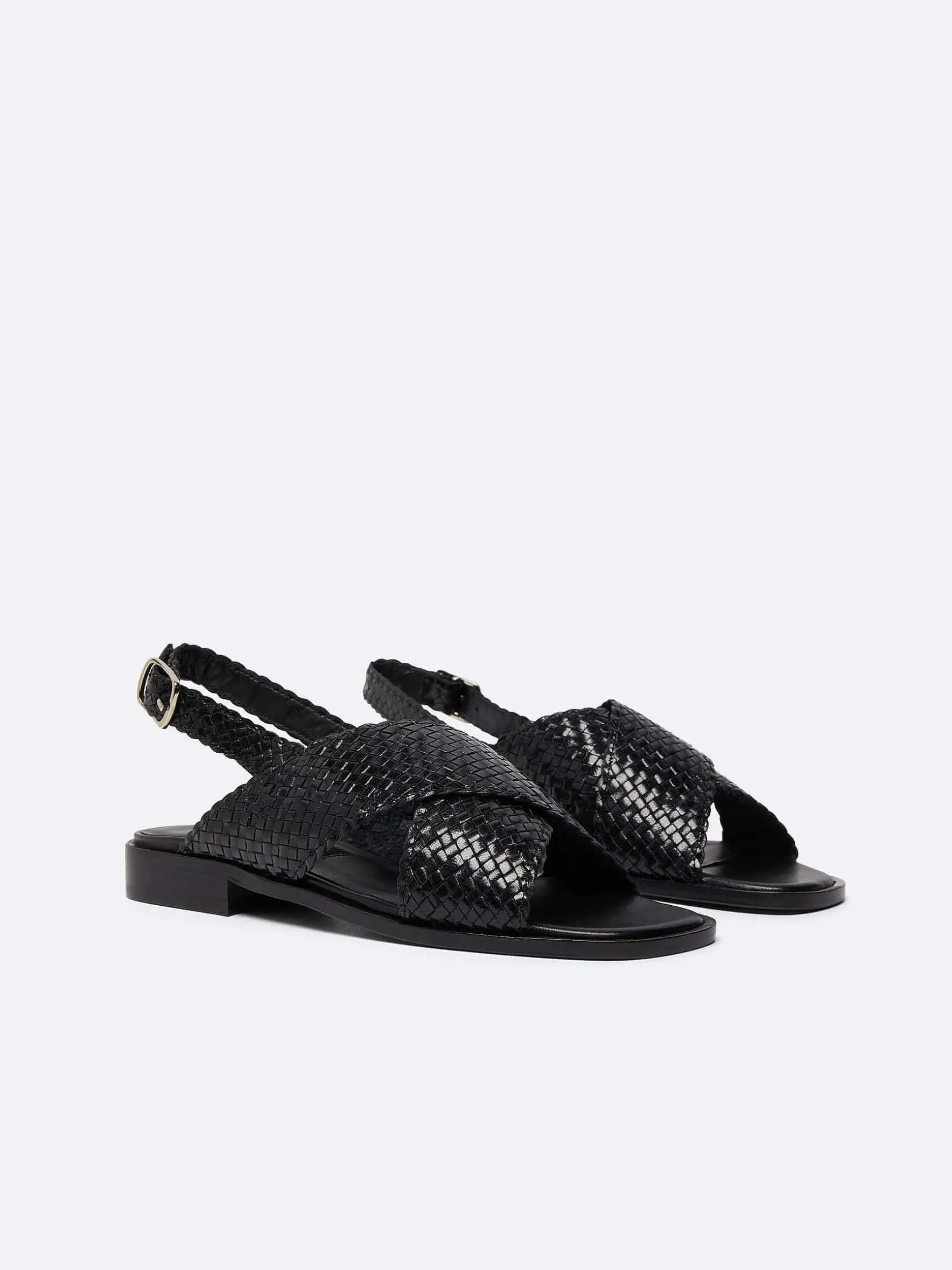 Carel Sandalen En Muilezels>Zwart Geweven Leren Sandalen