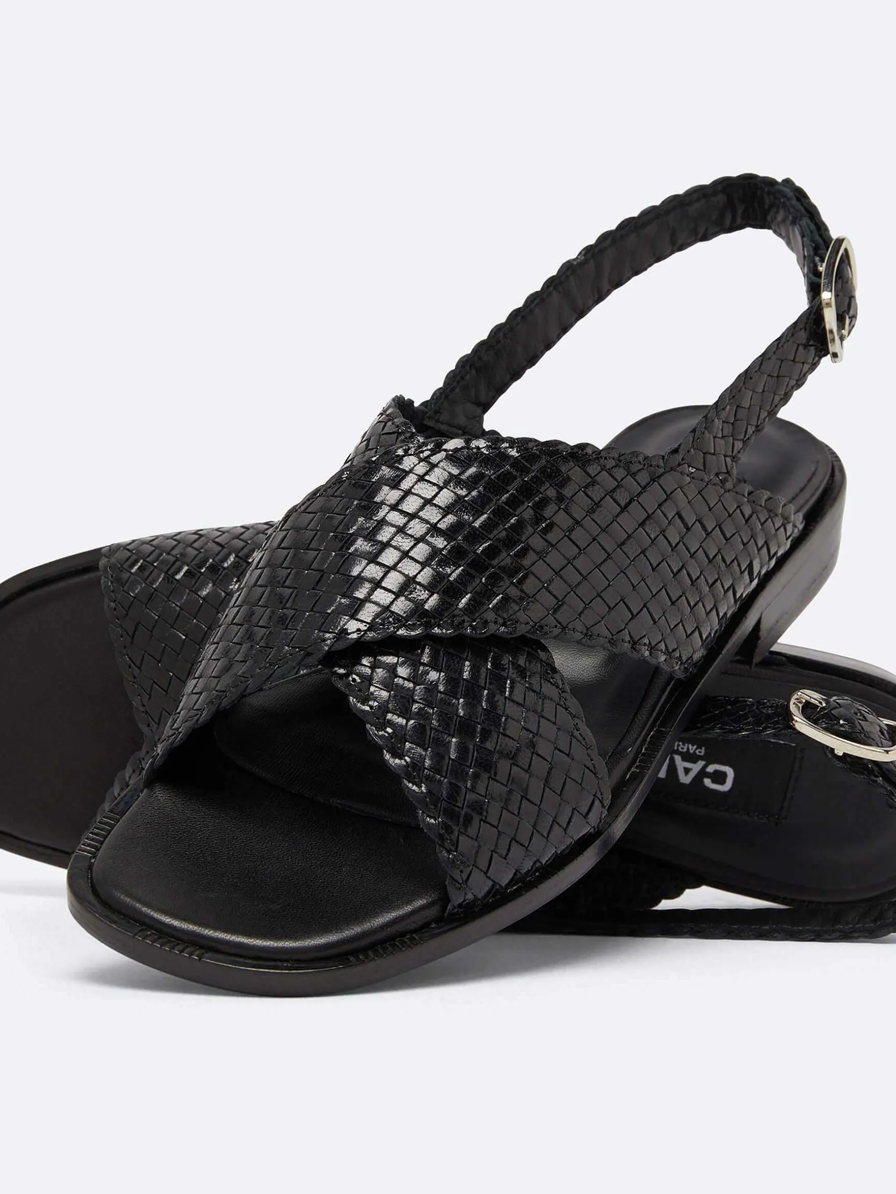 Carel Sandalen En Muilezels>Zwart Geweven Leren Sandalen