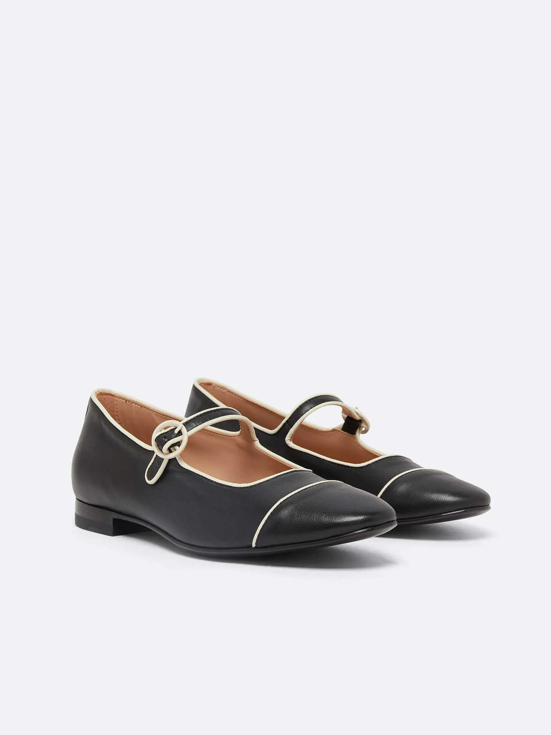 Carel Ballerina'S>Zwart Lederen Ivoorkleurige Mary Janes Met Biezen