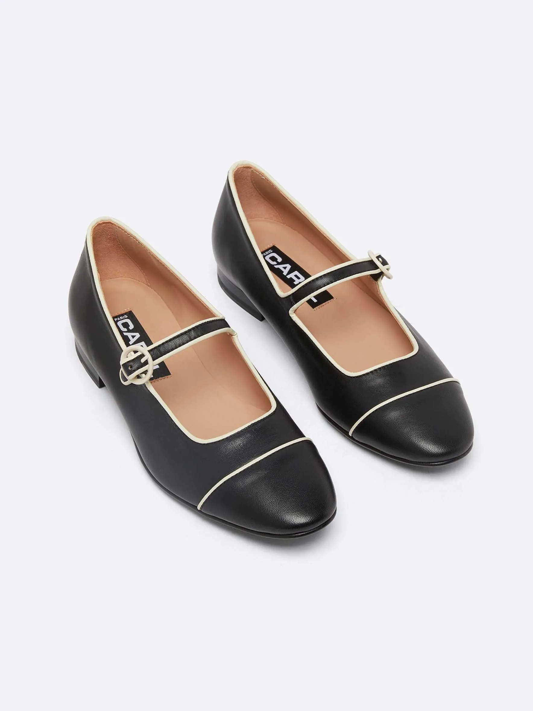 Carel Ballerina'S>Zwart Lederen Ivoorkleurige Mary Janes Met Biezen