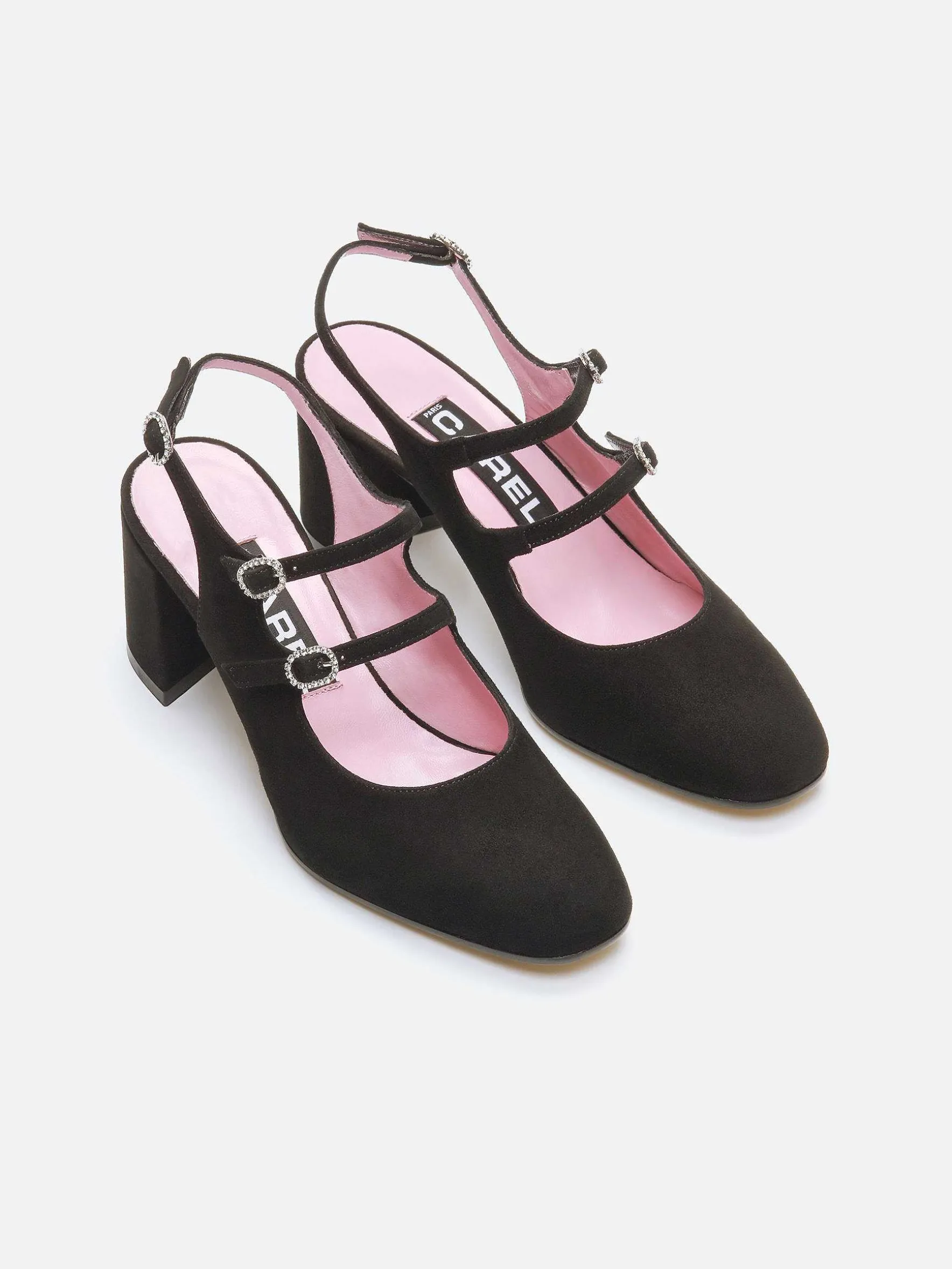 Carel Slingbacks>Zwart Suede Leer En Strass-Gespen Slingback Mary Janes