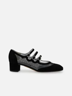 Carel Maria Janes>Zwart Suede Mesh En Strass Gespen Mary Janes Pumps
