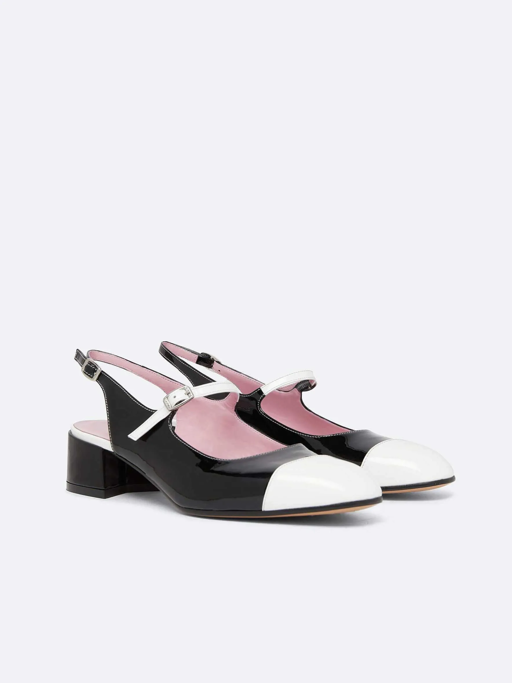Carel Maria Janes>Zwart-Wit Lakleer Slingback Mary Janes