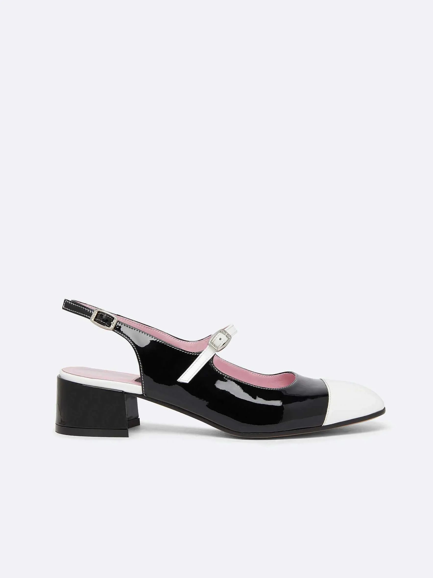 Carel Maria Janes>Zwart-Wit Lakleer Slingback Mary Janes