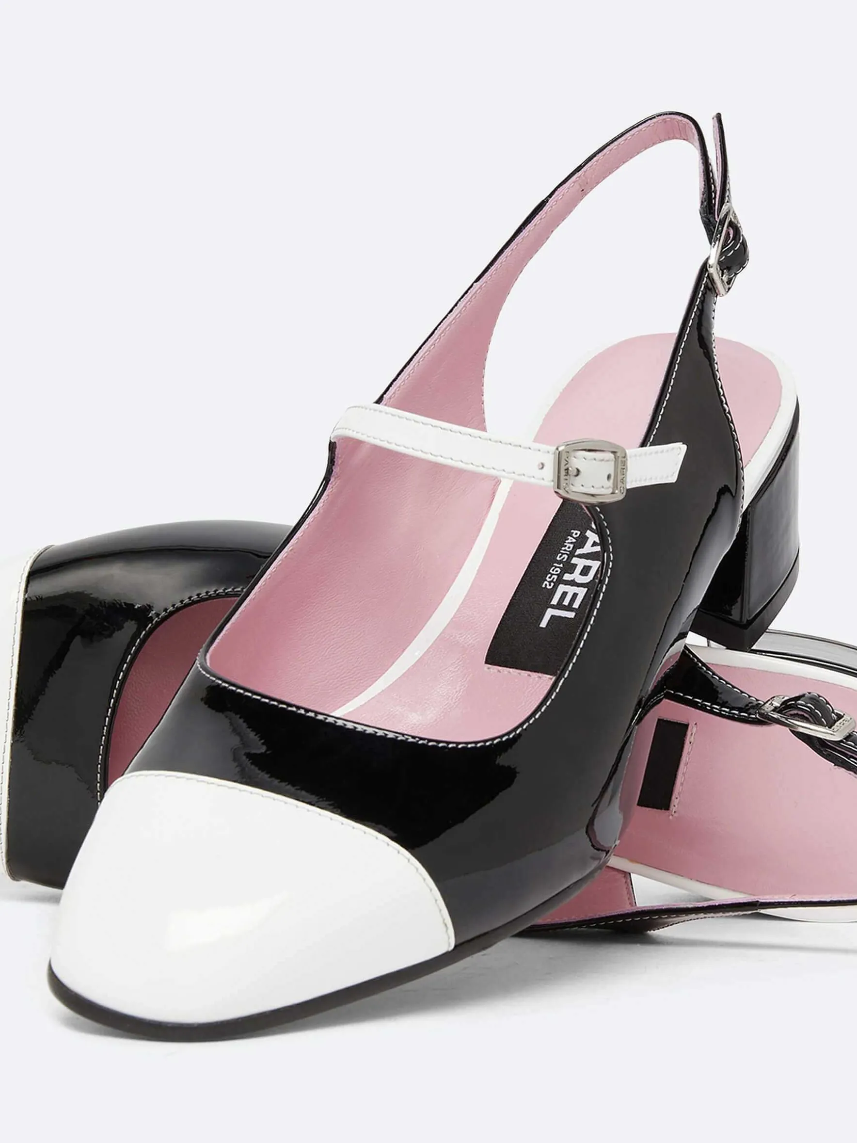 Carel Maria Janes>Zwart-Wit Lakleer Slingback Mary Janes