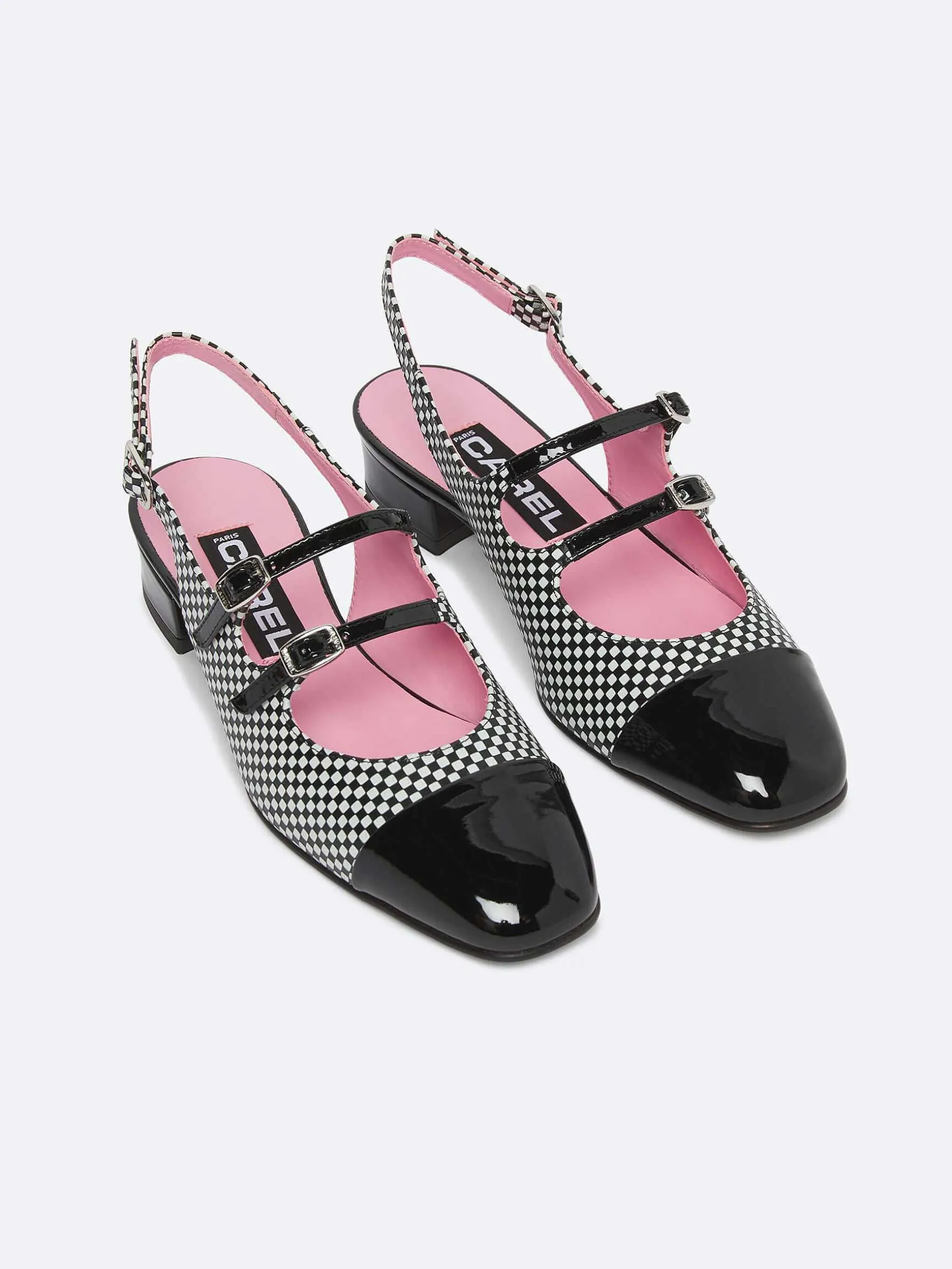 Carel Slingbacks>Zwart-Wit Upcycled Leer En Lakleren Mary Janes Met Slingback