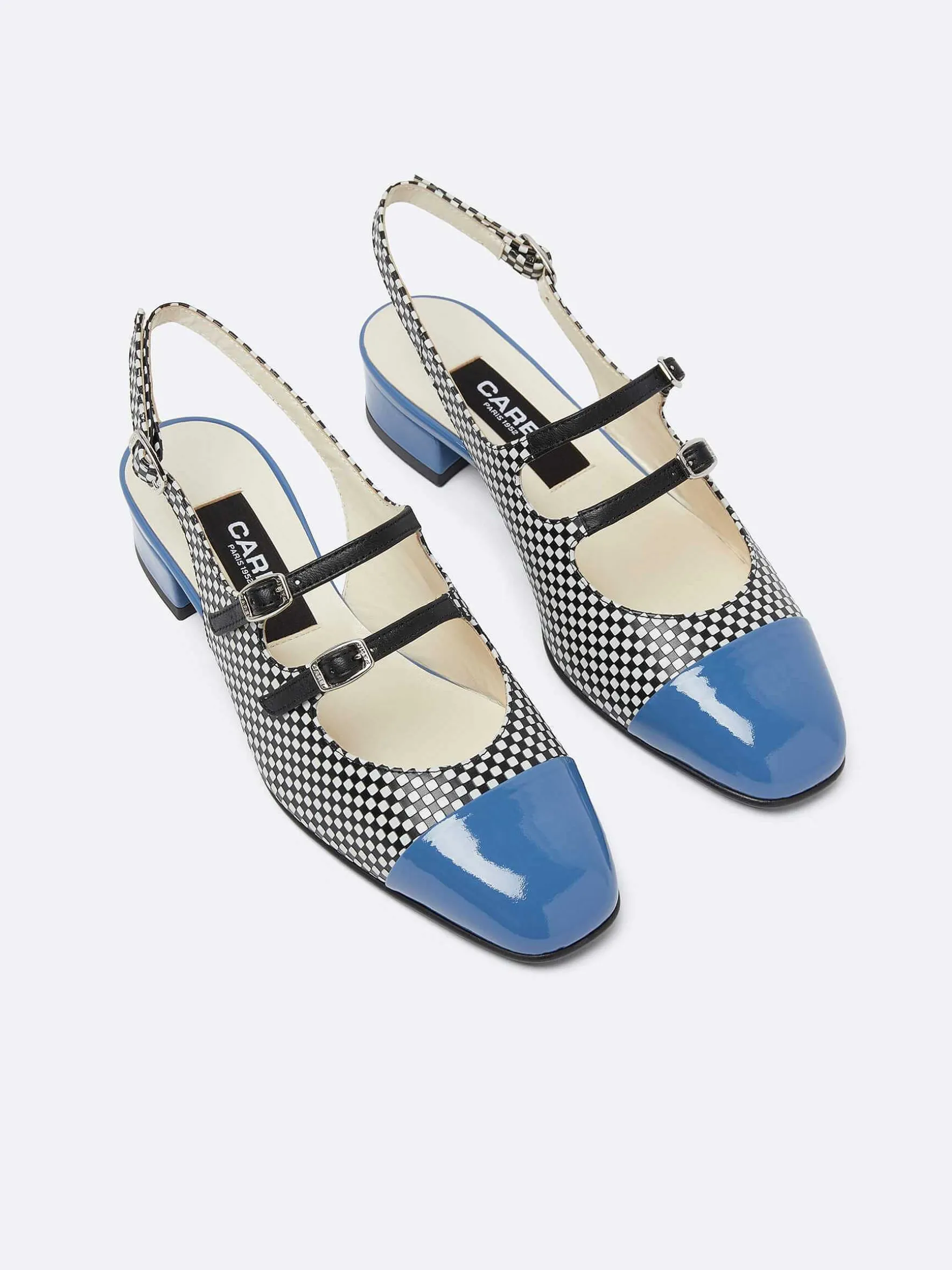 Carel Slingbacks>Zwart-Wit Upcycled Leer En Blauwe Lakleren Mary Janes Met Slingback