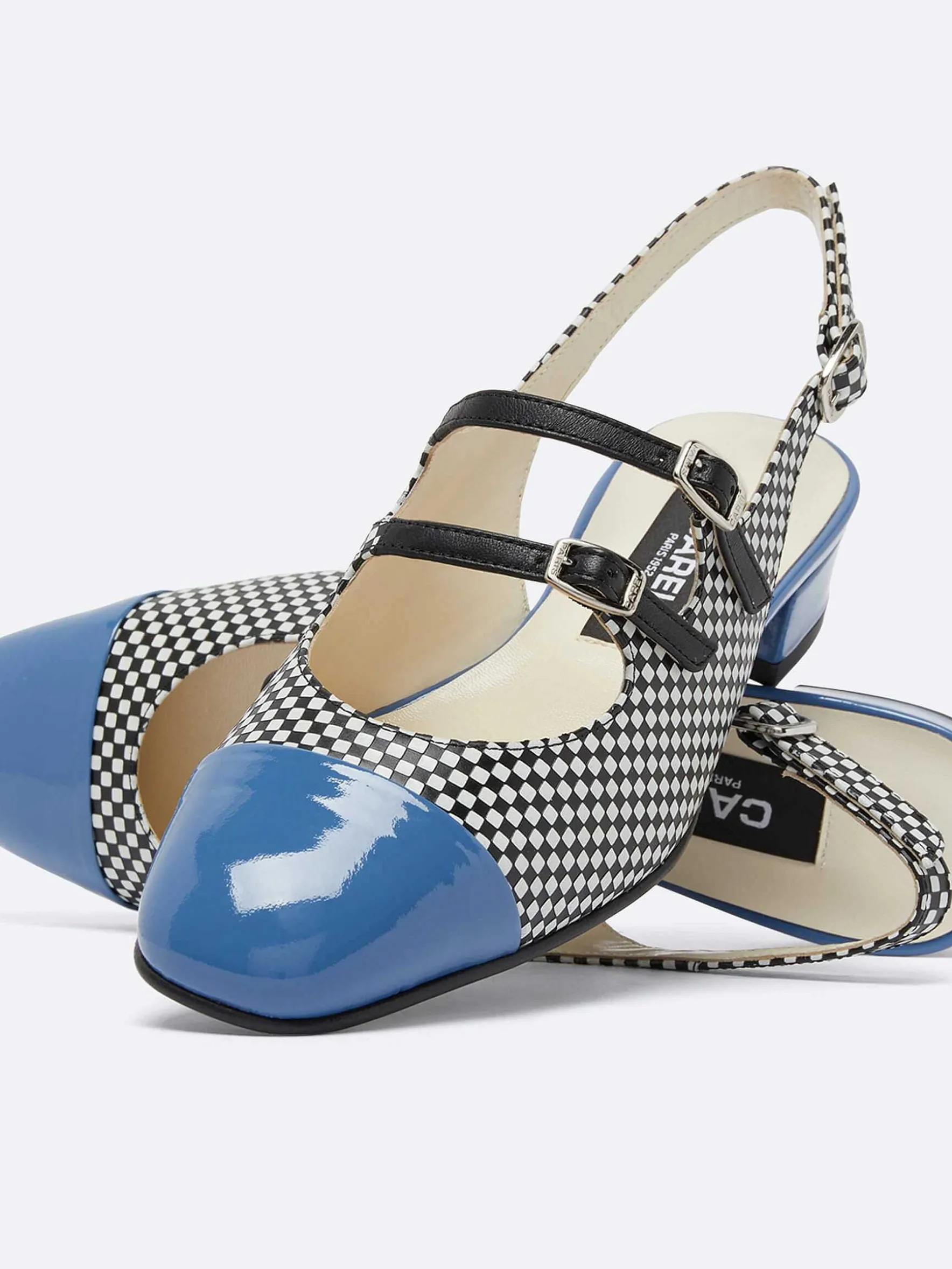 Carel Slingbacks>Zwart-Wit Upcycled Leer En Blauwe Lakleren Mary Janes Met Slingback